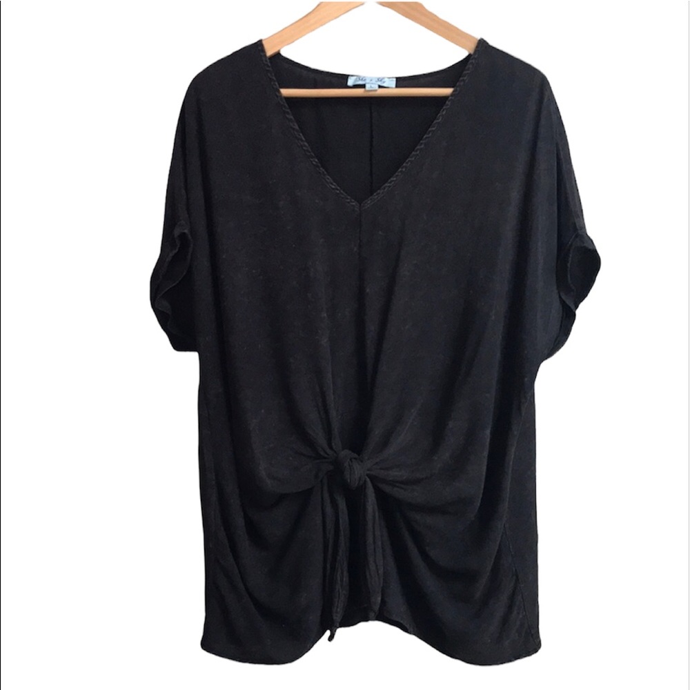 She + Sky Black Tie Dye Rayon Knot Front Blouse